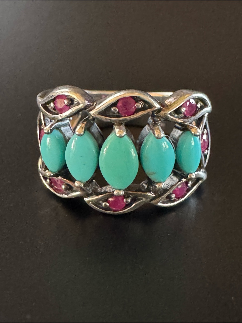 Sterling Silver Turquoise & Ruby Statement Ring - Size 4.75
